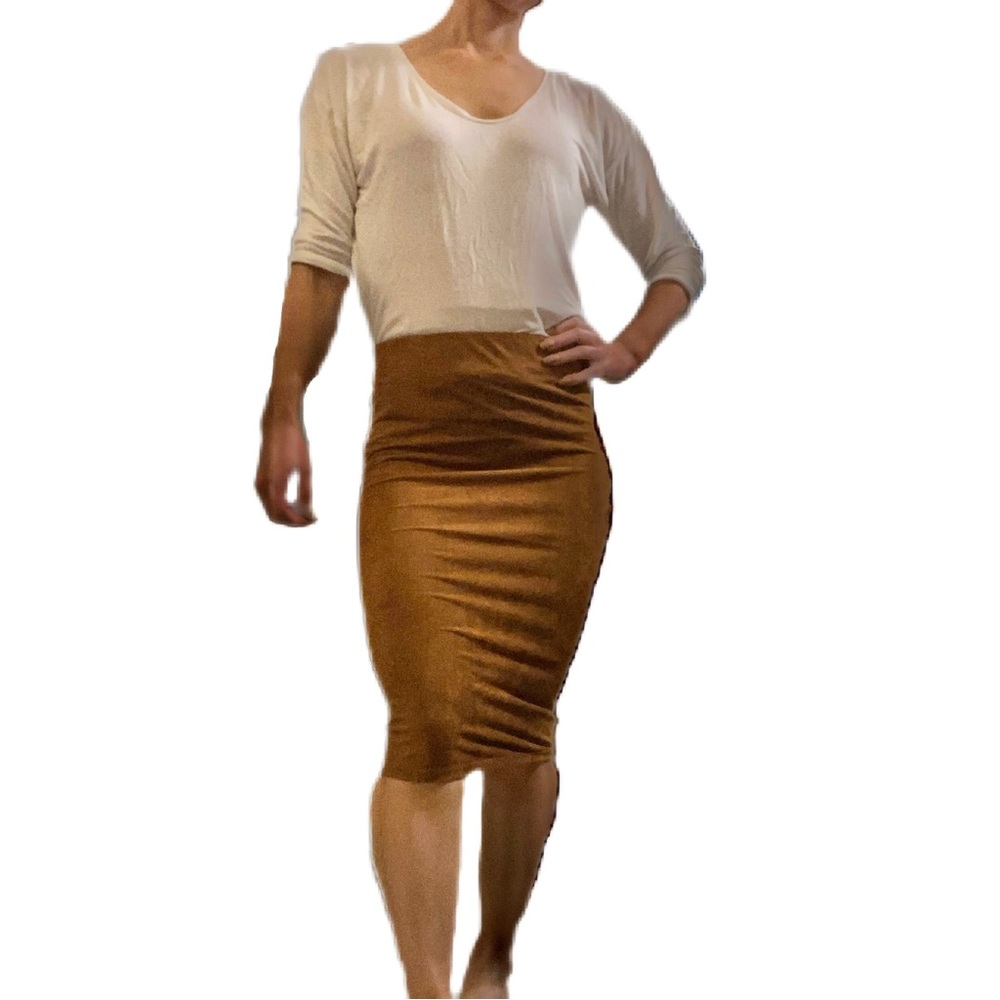 Faux Suede Pencil Skirt- Caramel Tan